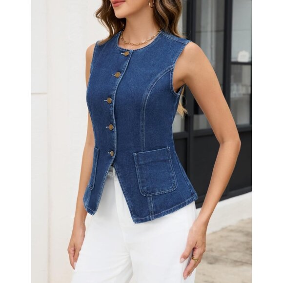 Women’s Sleeveless Denim Vest Crop Top Casual Western Button Down - Picture 4 of 5